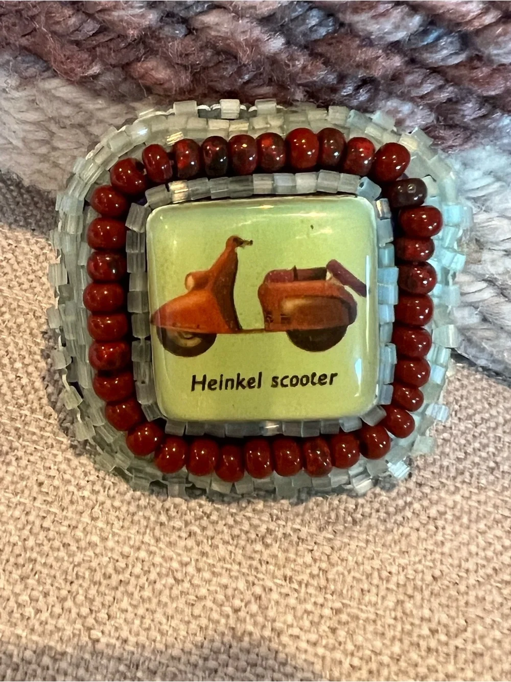 Heinkel Scooter Beaded Brooch Pin - Red & Cream